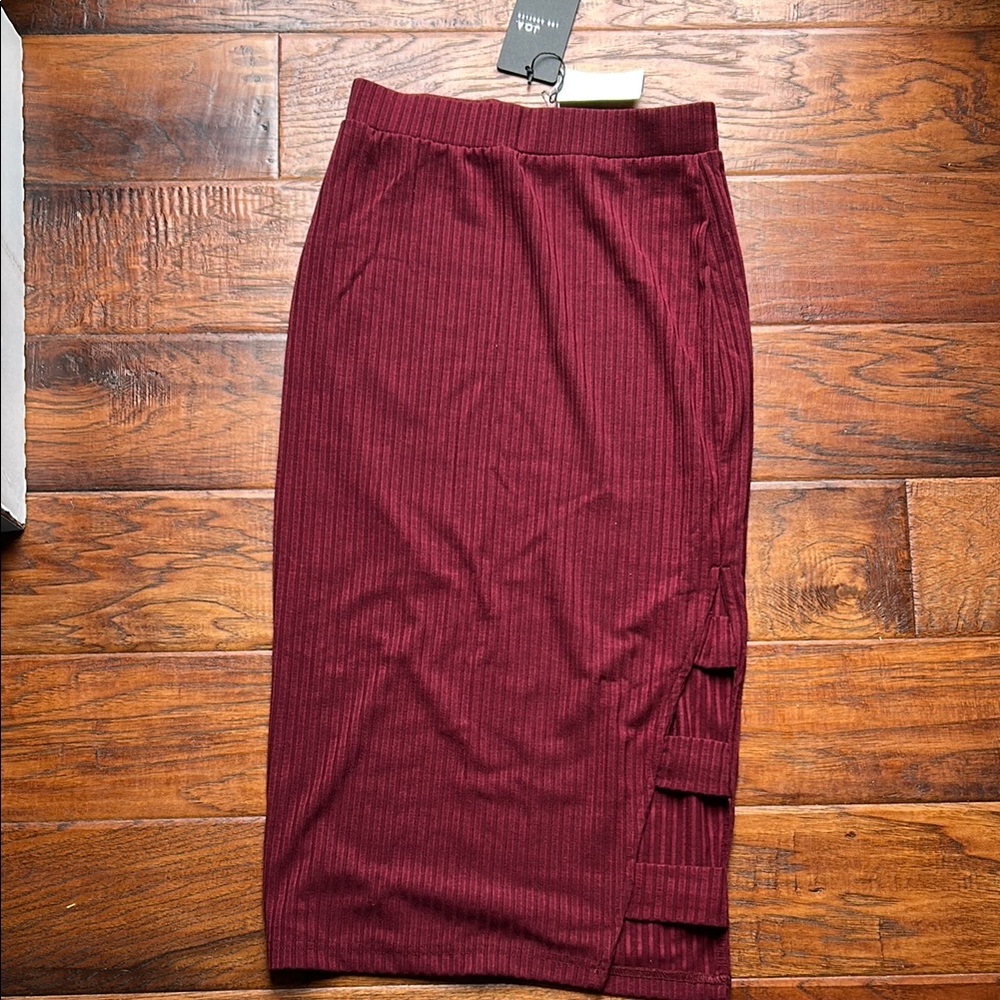 JOA Red Ribbed Midi Pencil Skirt